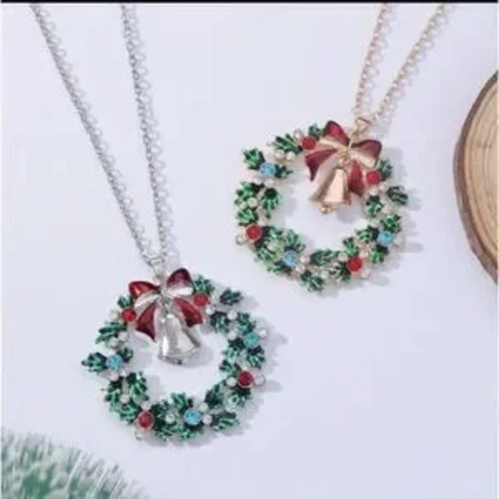 Silver Christmas Bell Wreath Pendant Necklace